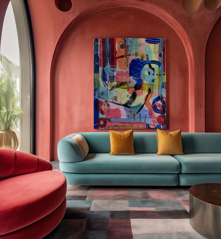 Vibrant SPIDER ATTACK, ABSTRACT PAINTINGS showcased in a modern living space, enhancing contemporary decor.