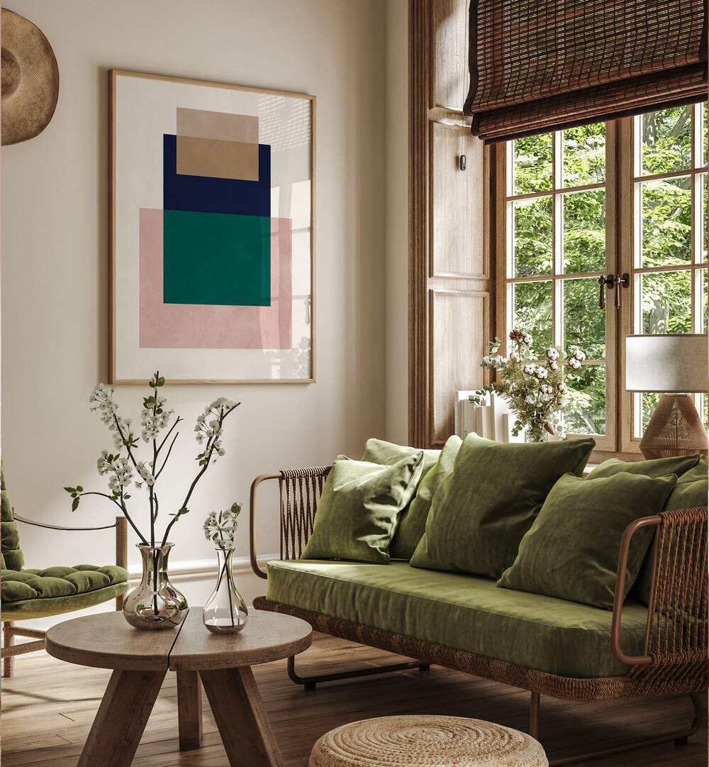 Vibrant COLORFUL OVERLAY XVI, GEOMETRIC ART PRINTS displayed in a stylish living room, enhancing modern decor.