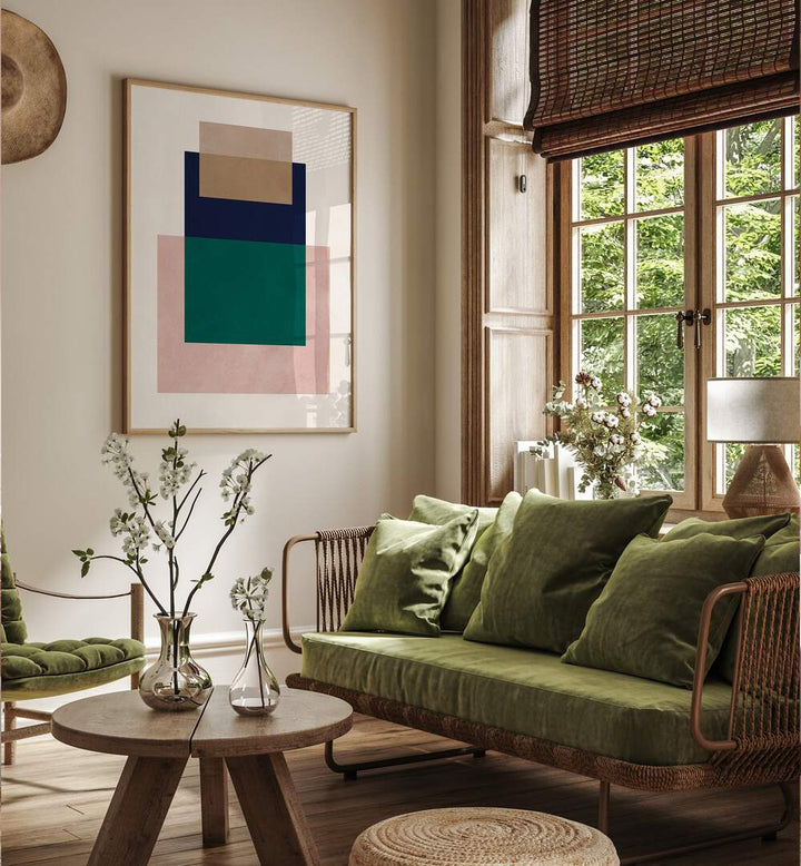 Vibrant COLORFUL OVERLAY XVI, GEOMETRIC ART PRINTS displayed in a stylish living room, enhancing modern decor.