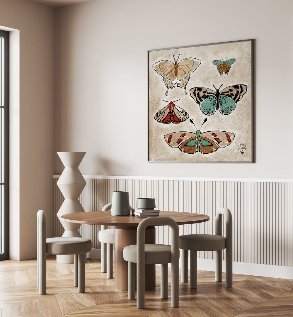 Elegant VINTAGE BUTTERFLIES, ANIMAL PAINTINGS displayed in a modern room, enhancing natural beauty and decor.