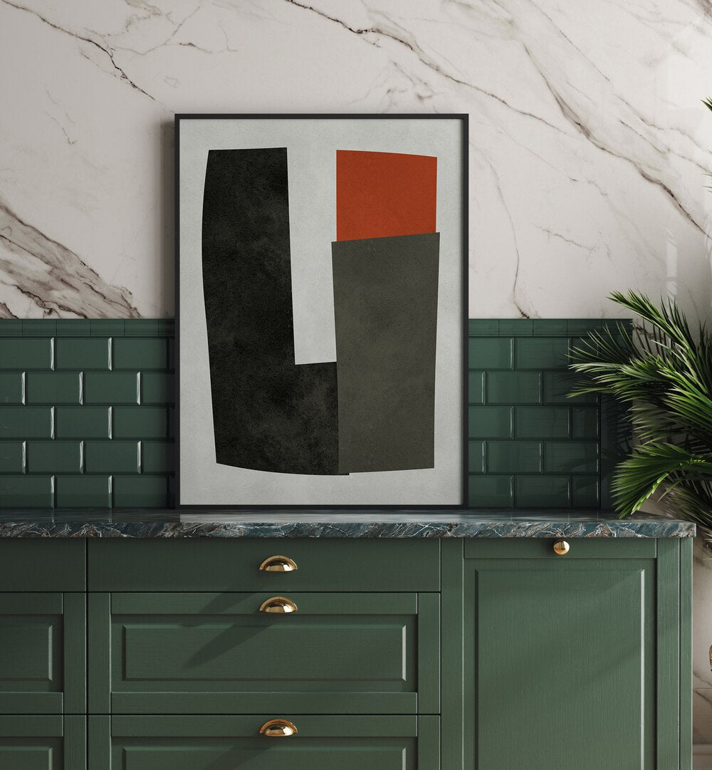 Stylish MODERN SHAPES VII, GEOMETRIC ART PRINTS displayed on a green cabinet, enhancing contemporary home decor.