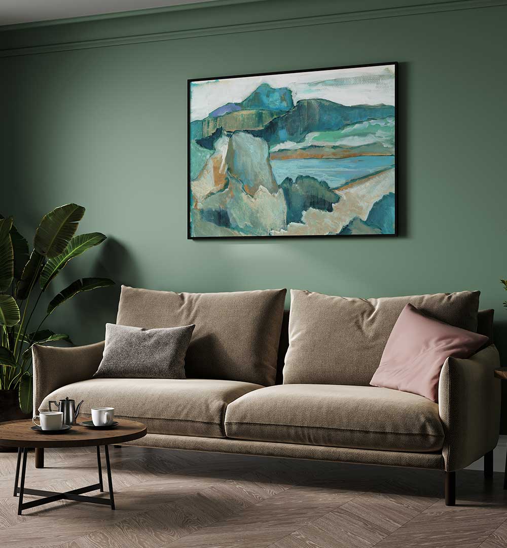 Elegant NATURAL WORLD I, LANDSCAPE PAINTINGS adorn a cozy living room, showcasing nature's vibrant beauty.