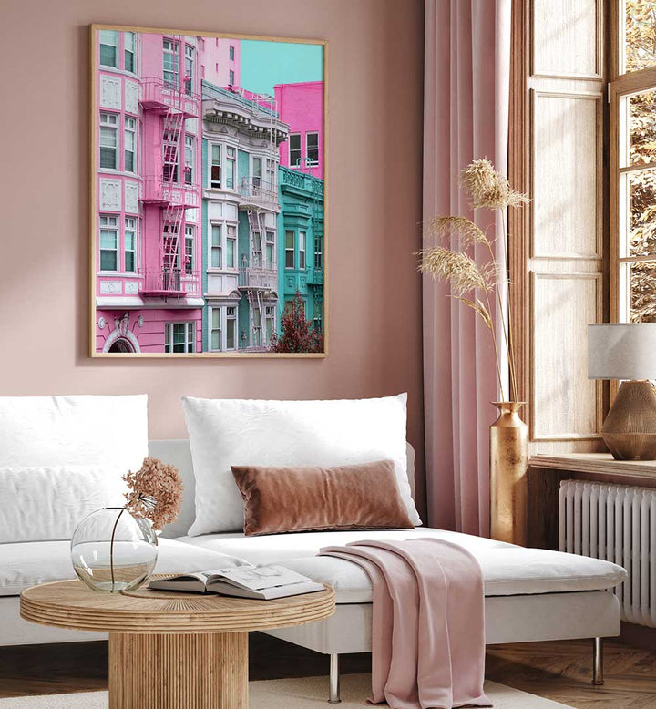 PINK AND BLUE ROW HOUSES IN SAN FRANCISCO , PHOTOGRAPHY PRINTS