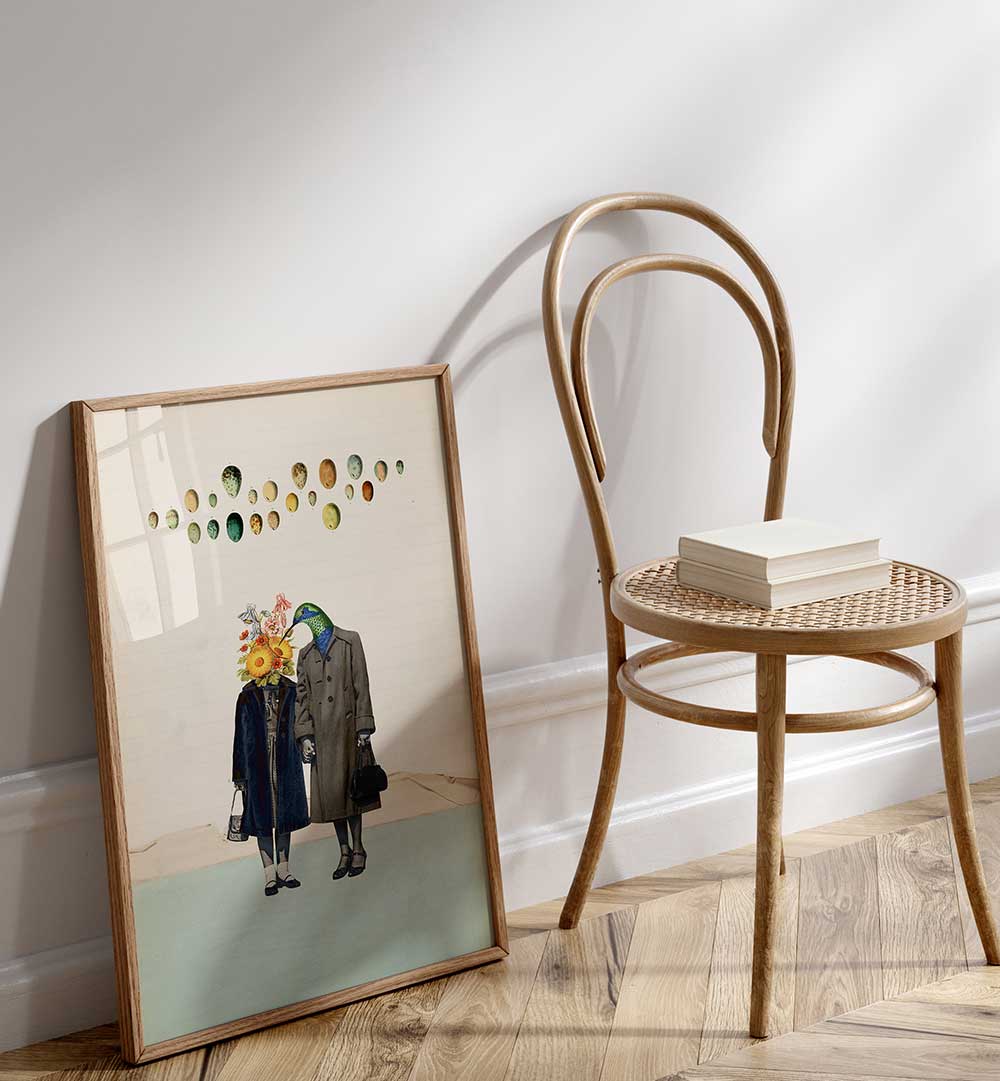 Surreal art print titled "SOULMATE," featuring imaginative couple against a minimalist backdrop. Perfect for decor.