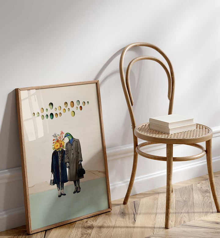 Surreal art print titled "SOULMATE," featuring imaginative couple against a minimalist backdrop. Perfect for decor.