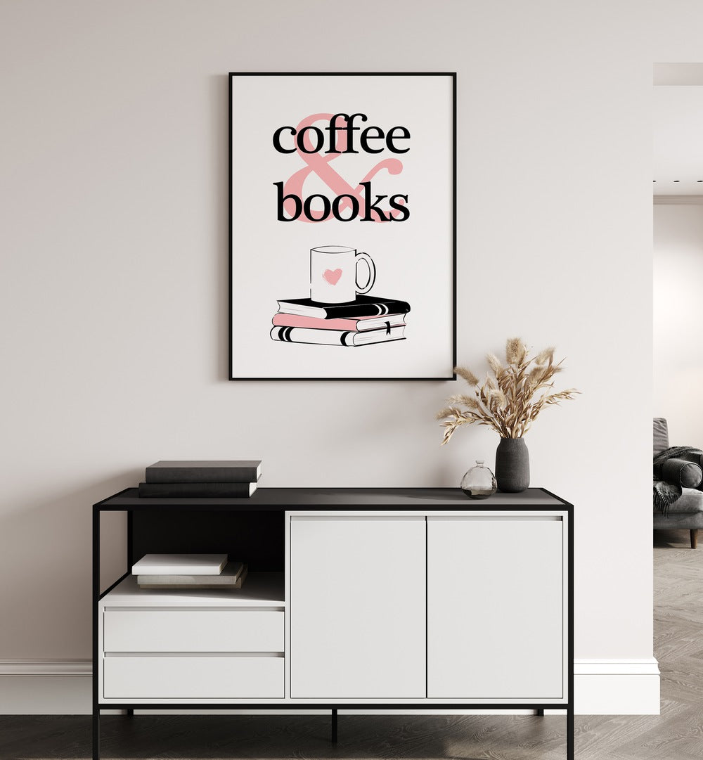 Coffee and Books by Martina Cafe Art Prints  placed on wall above the table 