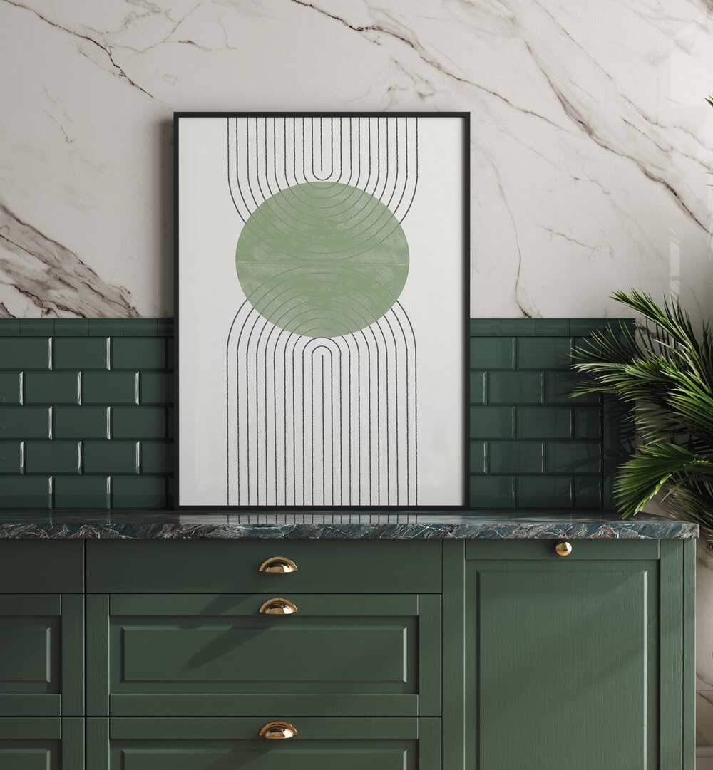 Stylish GREEN MOON II, GEOMETRIC ART PRINTS by THE MIUUS STUDIO, enhancing modern decor with vibrant design.