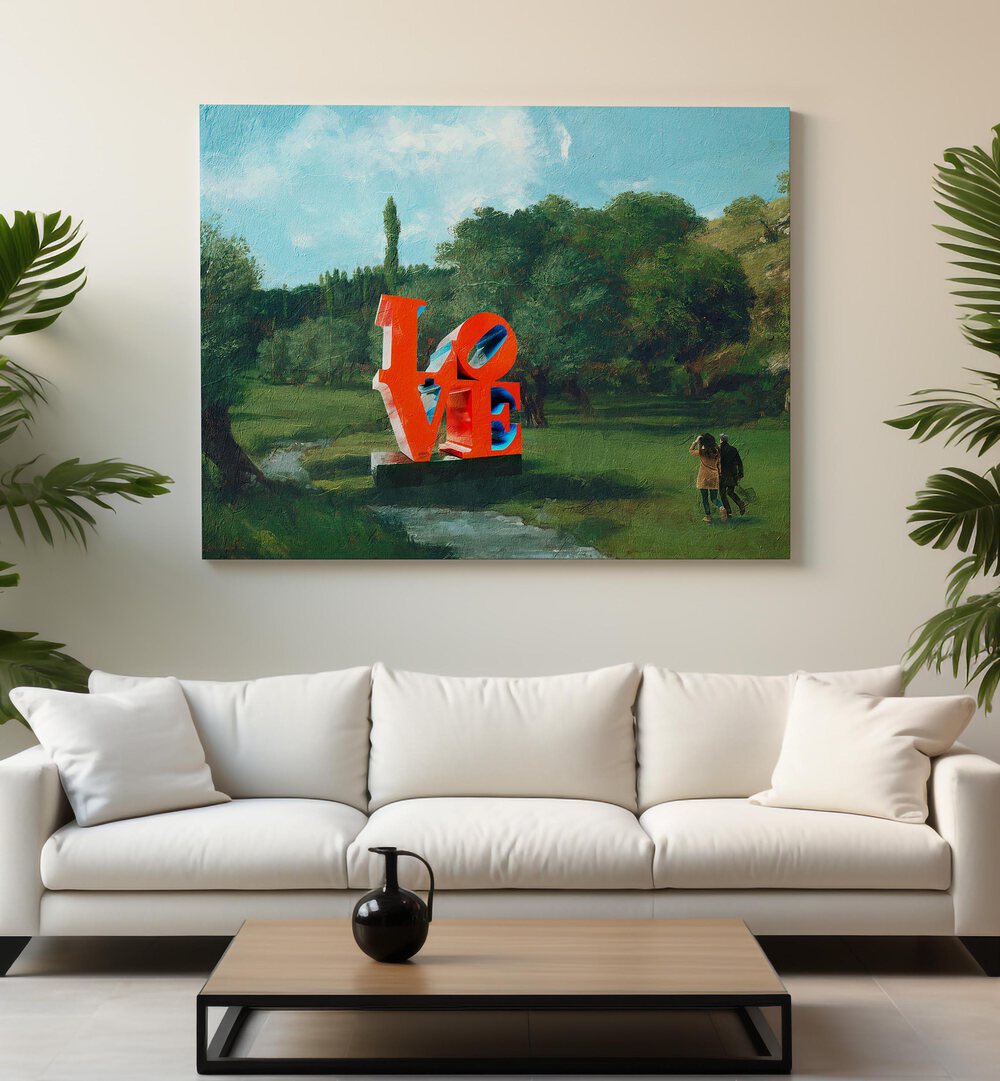 Colorful "LOVE" sculpture in a serene park setting, showcasing THE LOVE FOUND, ALTERED ART PRINTS collection.