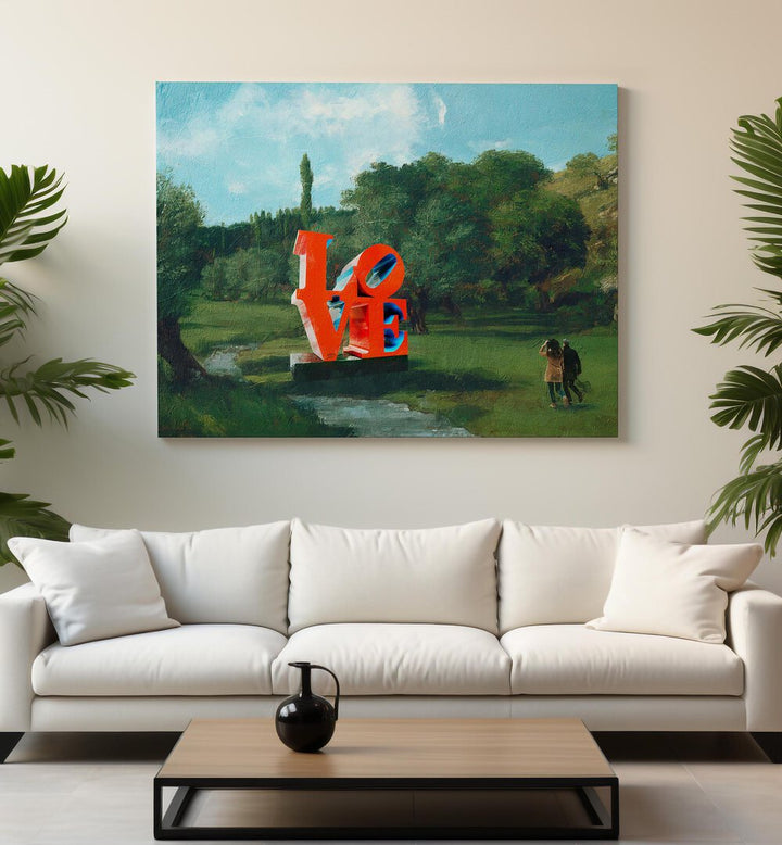 Colorful "LOVE" sculpture in a serene park setting, showcasing THE LOVE FOUND, ALTERED ART PRINTS collection.