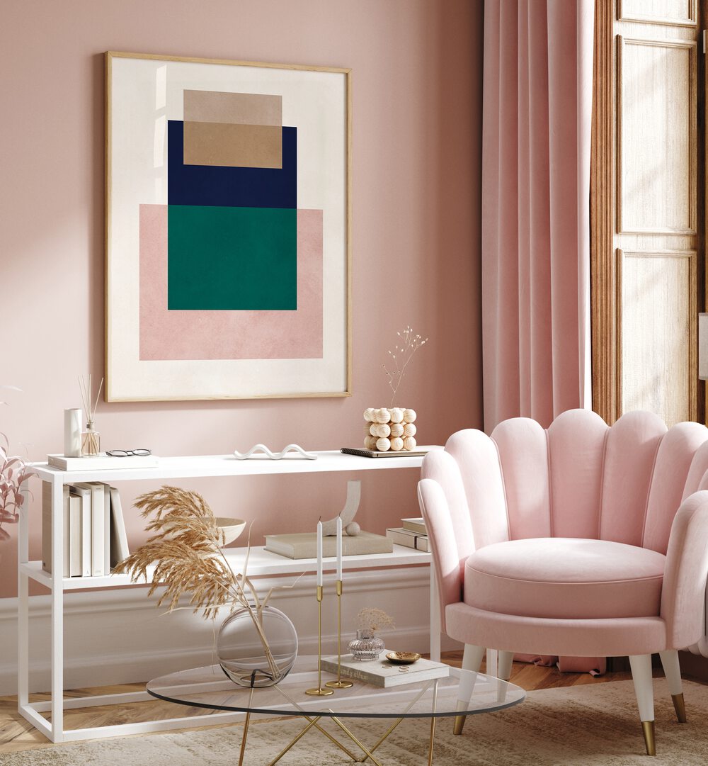 Stylish interior featuring COLORFUL OVERLAY XVI, GEOMETRIC ART PRINTS, enhancing the modern decor with vibrant patterns.