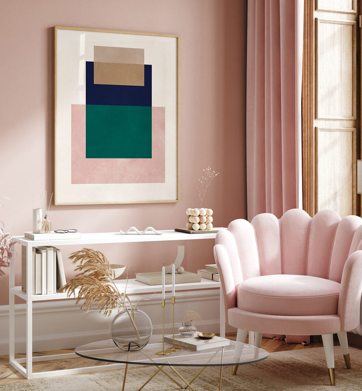 Stylish interior featuring COLORFUL OVERLAY XVI, GEOMETRIC ART PRINTS, enhancing the modern decor with vibrant patterns.