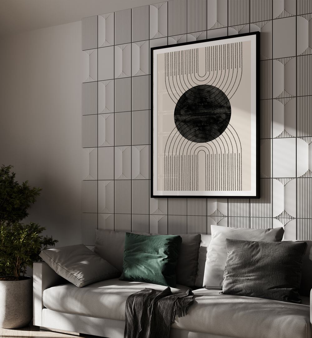Stylish living room featuring ARCH COMPOSITION NO IV., GEOMETRIC ART PRINTS, enhancing modern decor with abstract elegance.