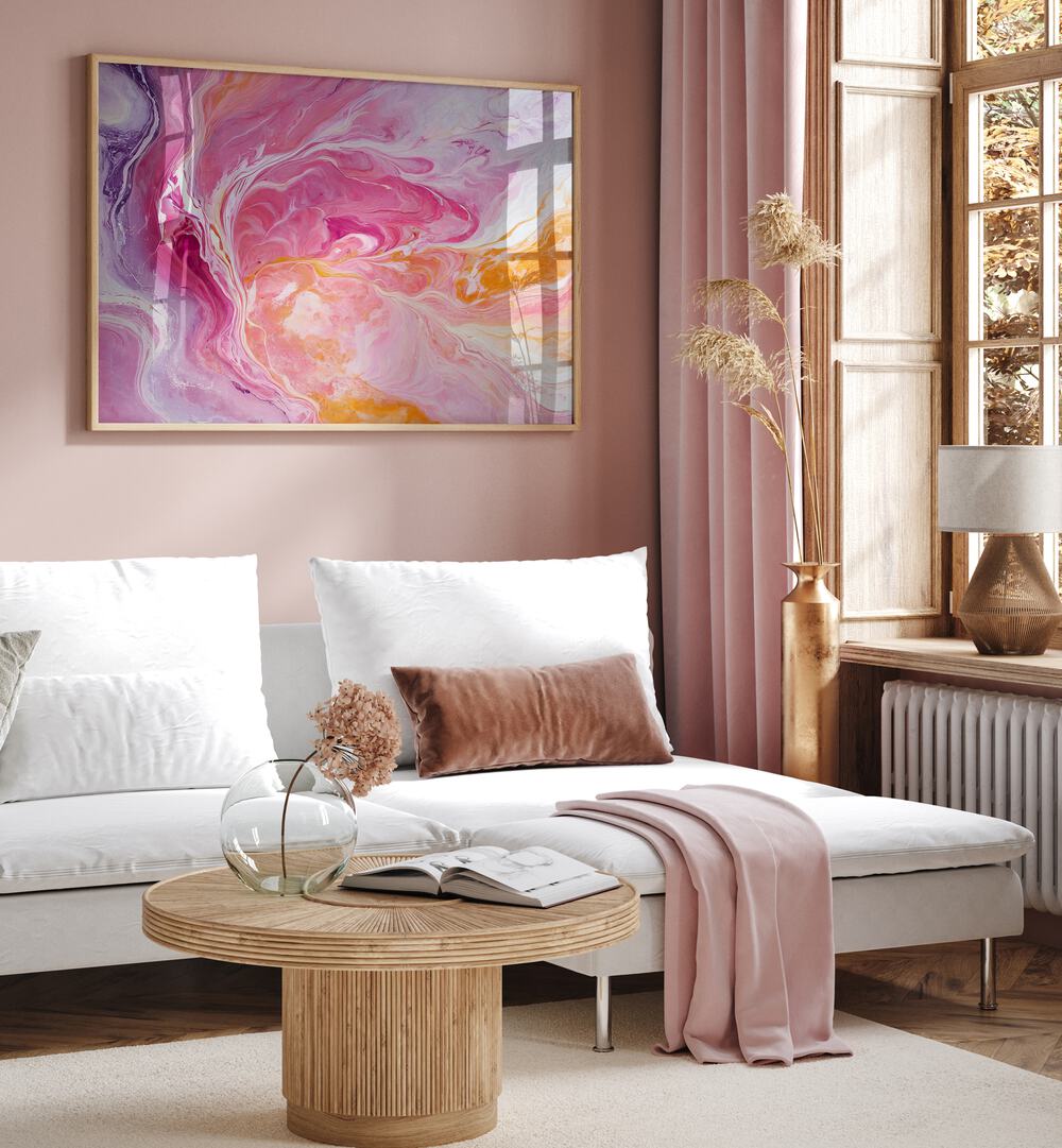 Vibrant SWIRLING PATTERNS, ABSTRACT PAINTINGS in pink and orange enhance modern home decor with dynamic elegance.