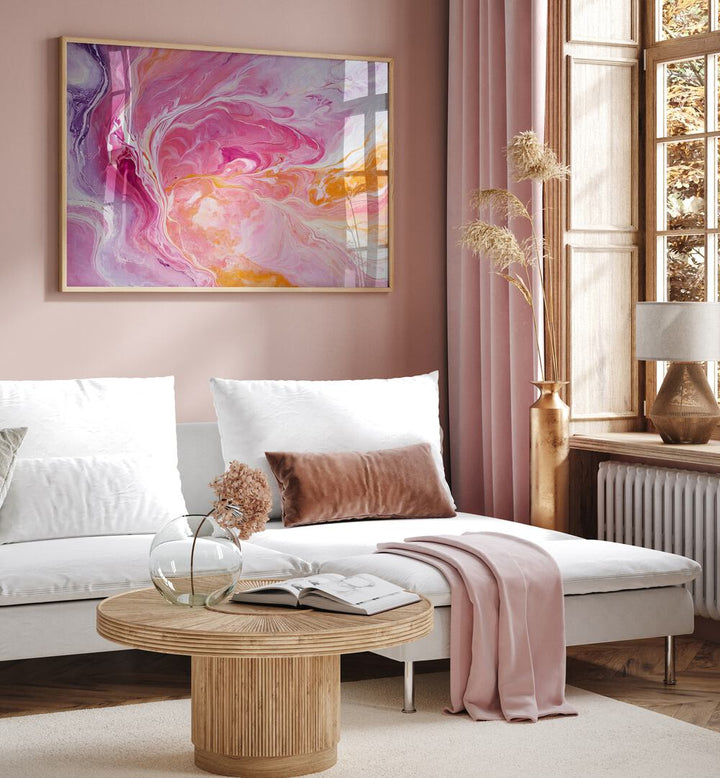 Vibrant SWIRLING PATTERNS, ABSTRACT PAINTINGS in pink and orange enhance modern home decor with dynamic elegance.