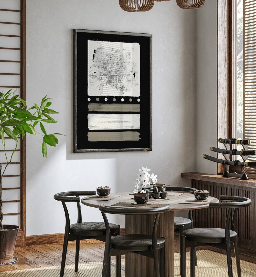 Sophisticated MIDNIGHT CREAM DELIGHT ABSTRACTION, GEOMETRIC ART PRINTS enhancing a stylish dining space.