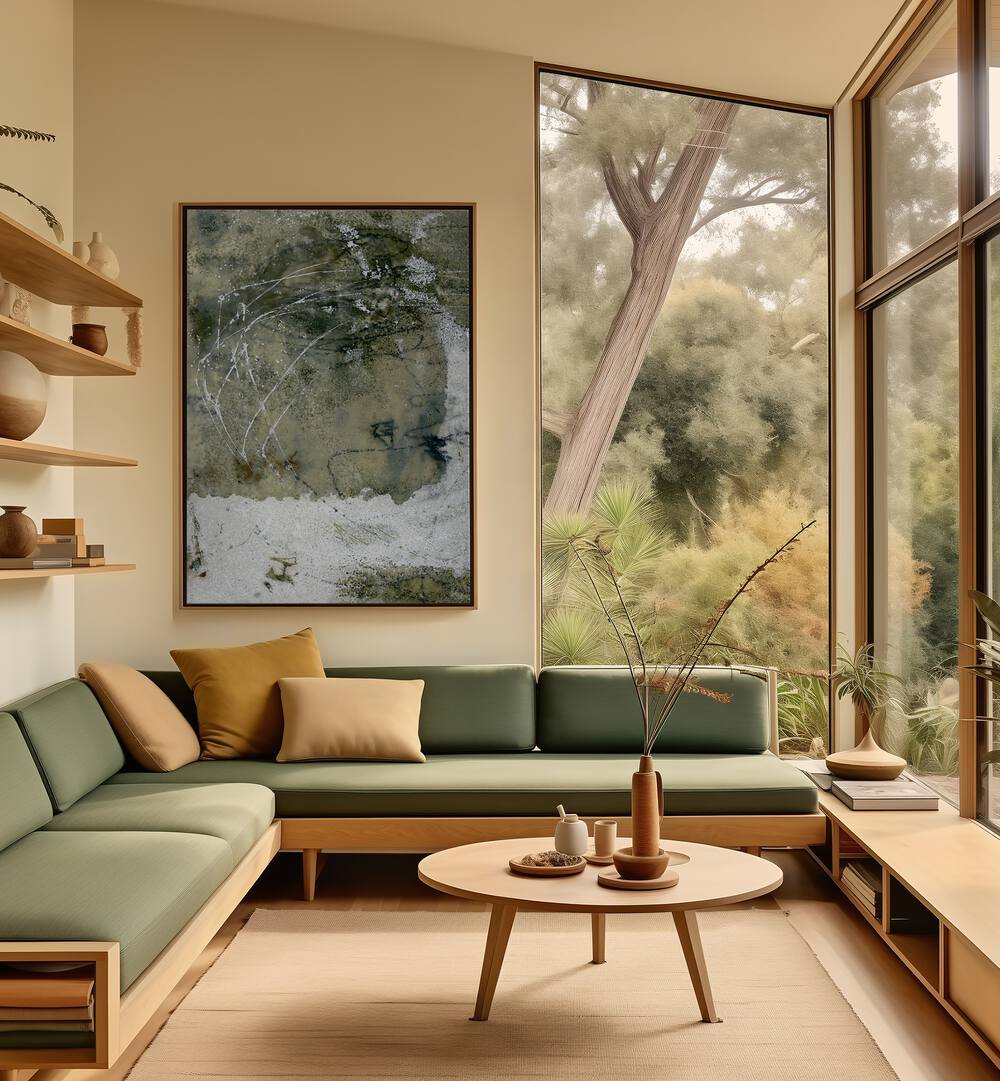 Stylish living room featuring LAYERS AND MARKS II, ABSTRACT PAINTINGS, enhancing artistic expression in modern decor.