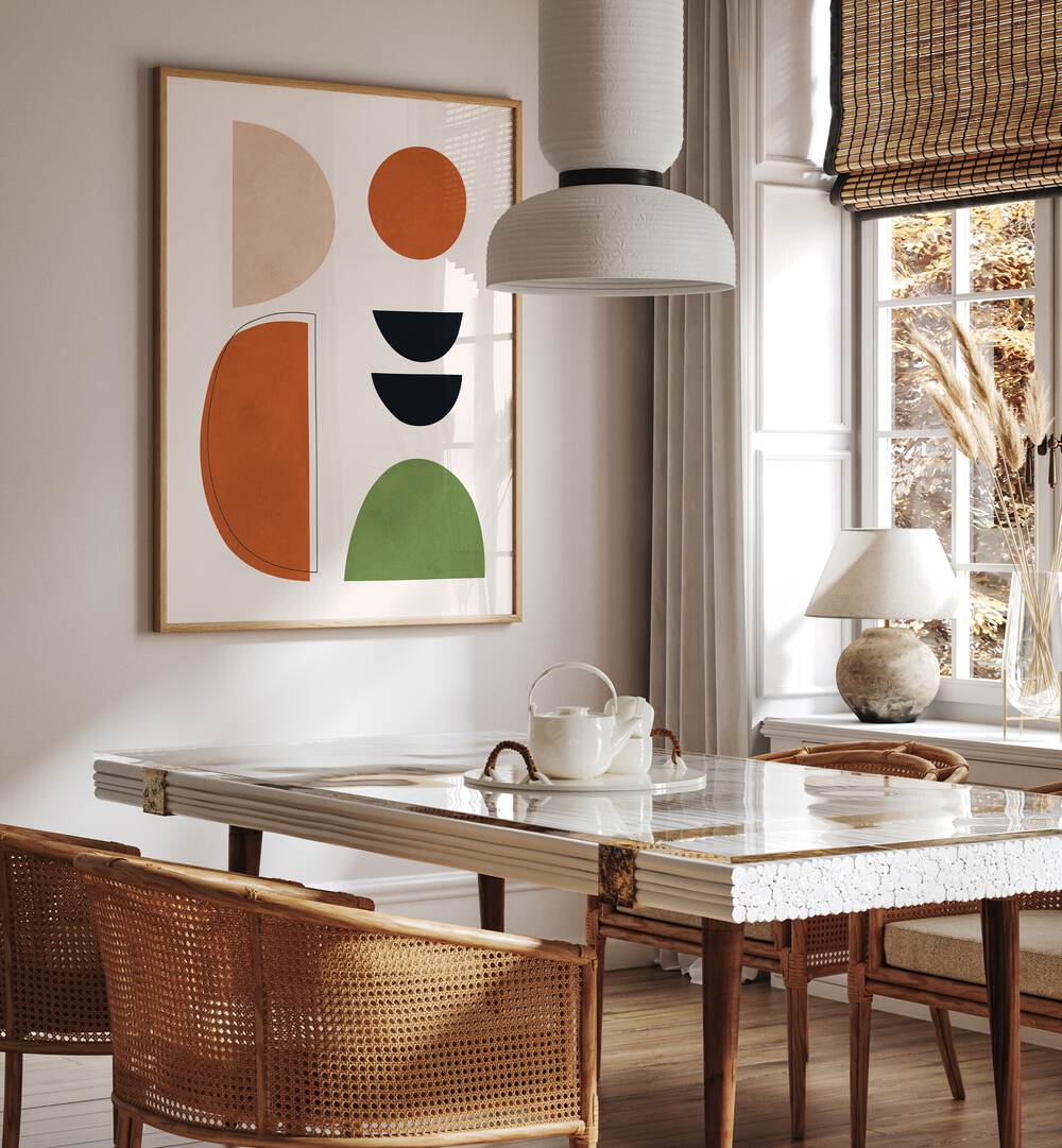 Stylish dining area featuring EXPRESSIVE VI, GEOMETRIC ART PRINTS, enhancing modern decor and creativity.