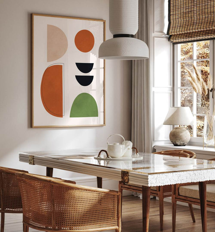 Stylish dining area featuring EXPRESSIVE VI, GEOMETRIC ART PRINTS, enhancing modern decor and creativity.