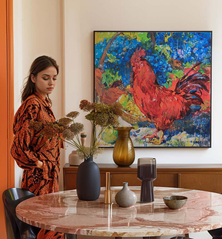 Vibrant ROOSTER, ANIMAL PAINTINGS enhance modern decor, creating a stunning focal point in any home setting.