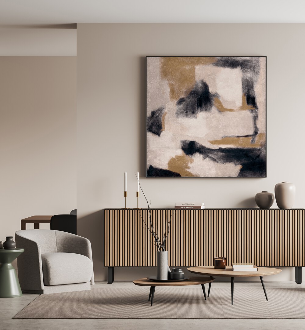 Elegant DYNAMIC BRUSHSTROKES, ABSTRACT PAINTINGS adorn a modern living space, enhancing contemporary decor.
