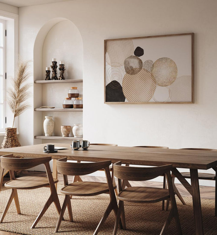 Elegant dining room featuring ORGANIC STONES, ABSTRACT PAINTINGS that enhance the earthy decor and ambiance.