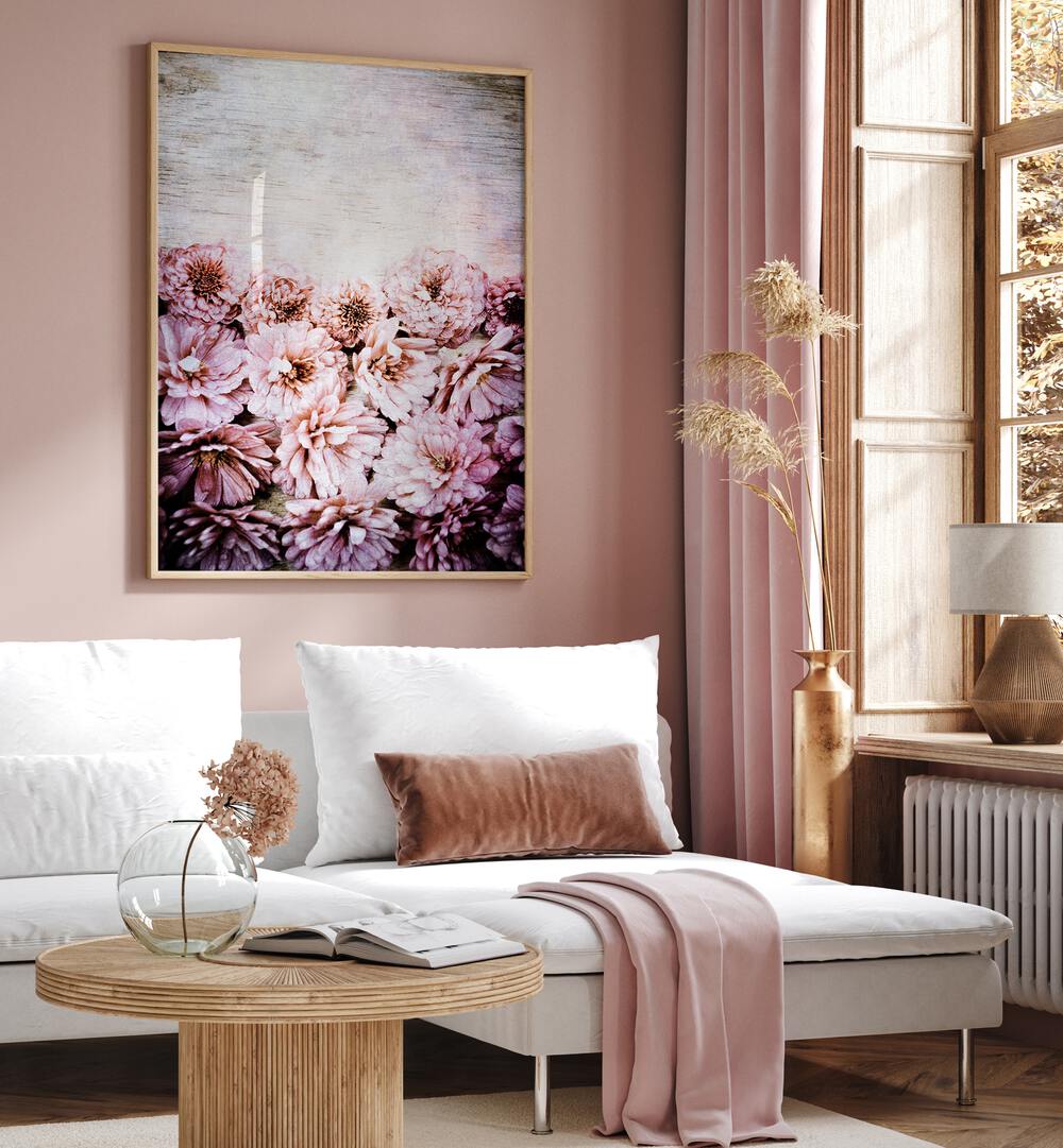 Stunning PINK FLORALS, FLORAL FLOWER PAINTINGS brighten a cozy living room with soft pink hues and elegant designs.