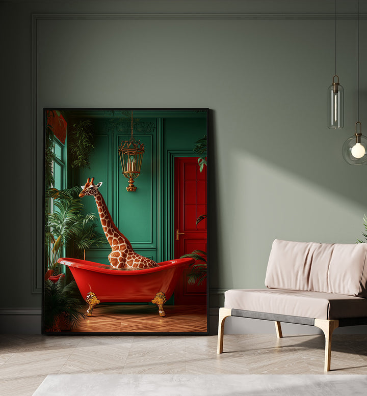 GIRAFFE IN THE BATHTUB TROPICAL ANIMALS , BATHROOM ART PRINTS