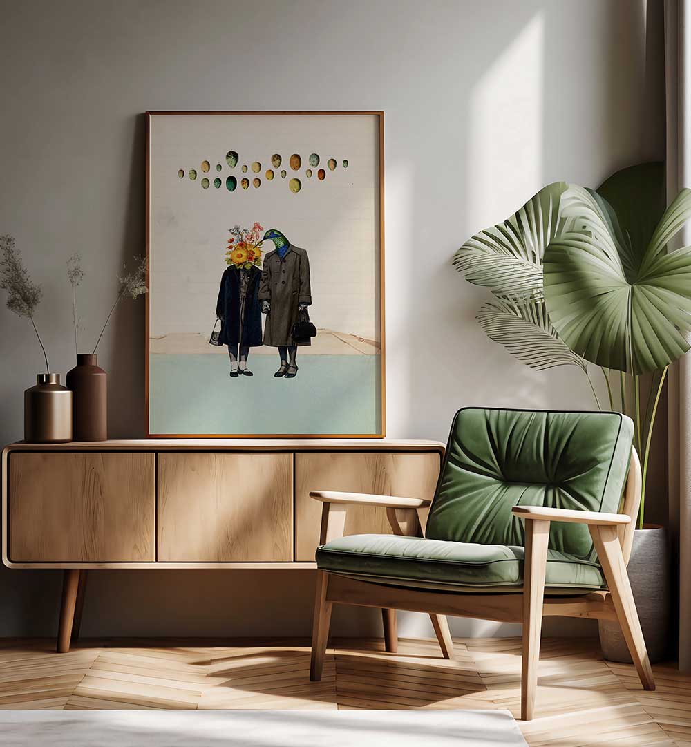 Surreal art print titled "SOULMATE," featuring whimsical characters in a stylish interior setting.