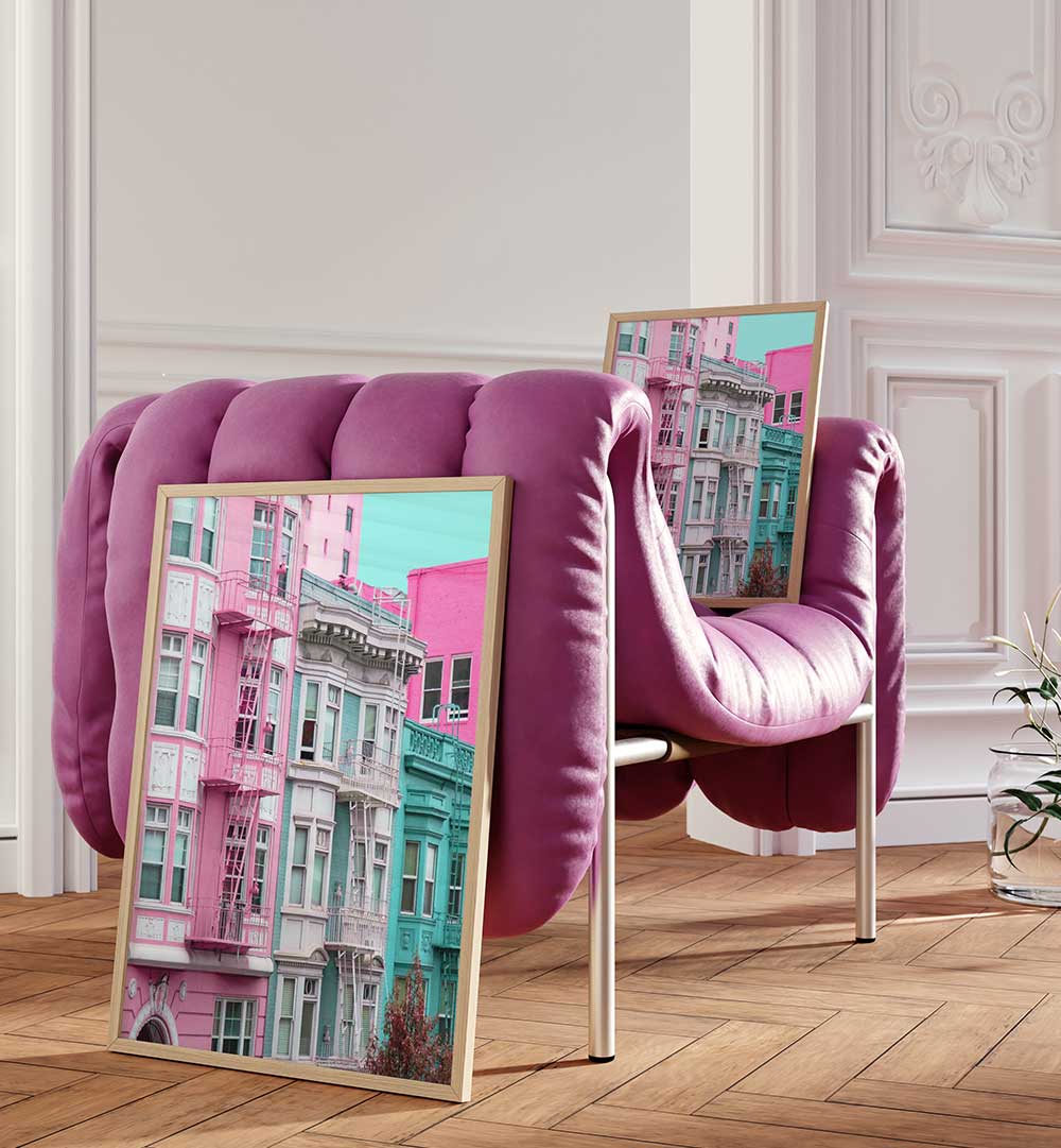 PINK AND BLUE ROW HOUSES IN SAN FRANCISCO , PHOTOGRAPHY PRINTS