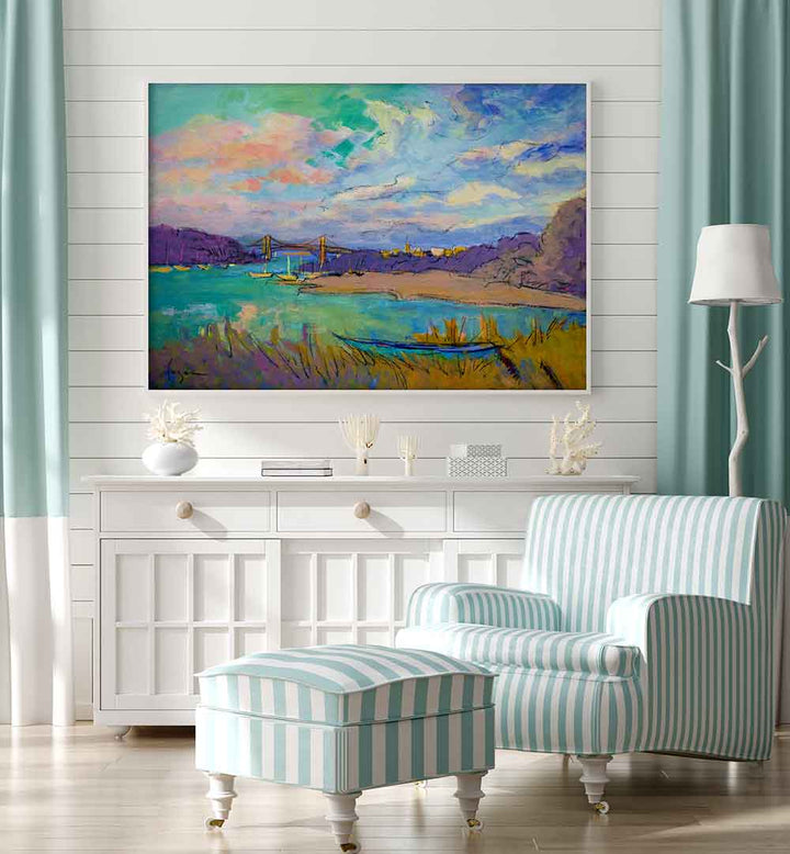 Coastal living room with framed SERENE RIVER SKIES , LANDSCAPE PAINTINGS above console showing tranquil river and sky