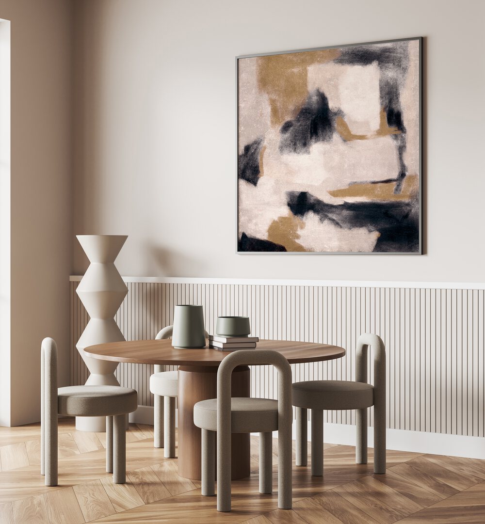 Elegant dining space featuring DYNAMIC BRUSHSTROKES, ABSTRACT PAINTINGS, adding modern flair to the decor.