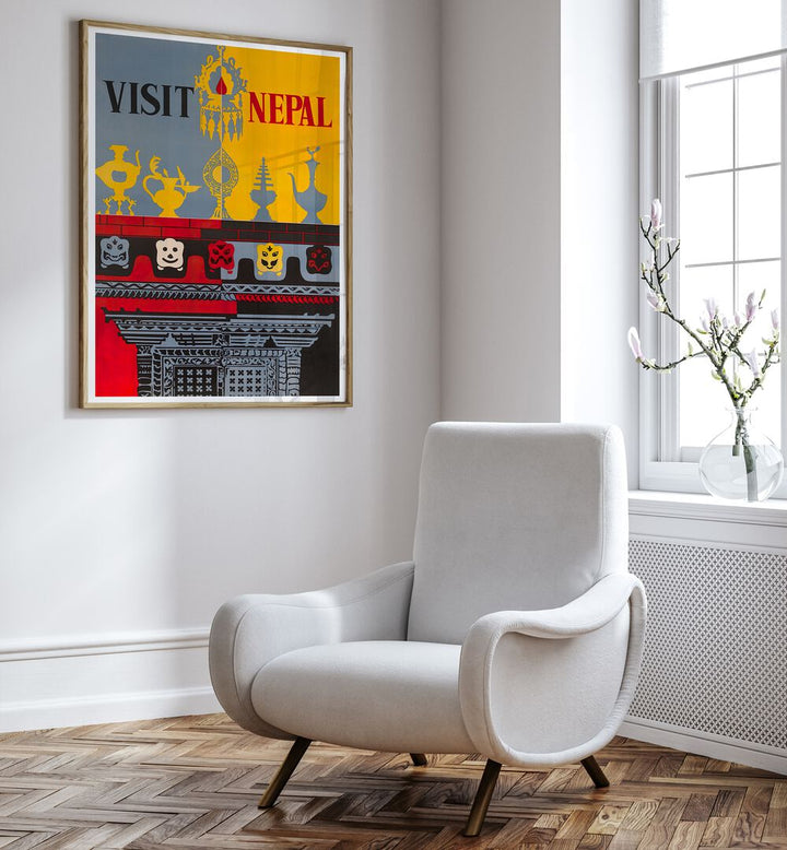 Stylish NEPAL, VINTAGE TRAVEL POSTERS framed in a modern living room, perfect for inspiring wanderlust.