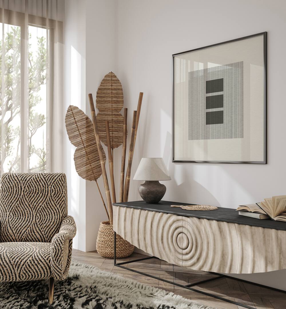 Modern living space featuring PAPER OBJECT I, GEOMETRIC ART PRINTS, adding elegance and style to the decor.