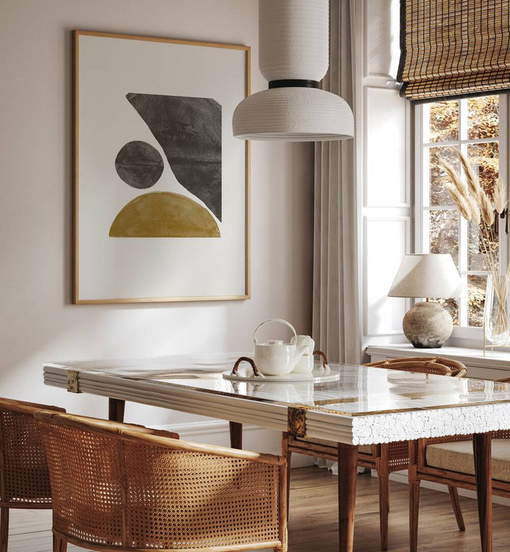 Stylish dining area featuring NEW OBJECTS NO.I, GEOMETRIC ART PRINTS, enhancing modern home decor with unique designs.