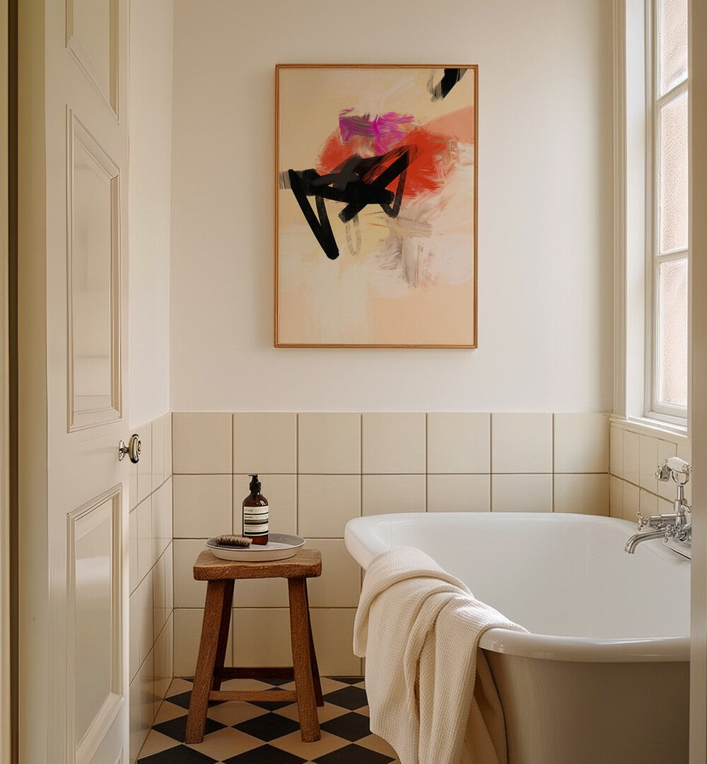 MIND TRIP I, ABSTRACT PAINTINGS enhances relaxation in a serene bathroom setting, inspiring creativity and self-discovery.