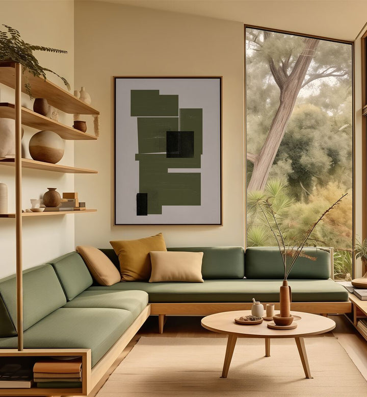 Stylish living room featuring WATERCOLOR PAPER CUT, GEOMETRIC ART PRINTS, blending modern design with artistic elegance.