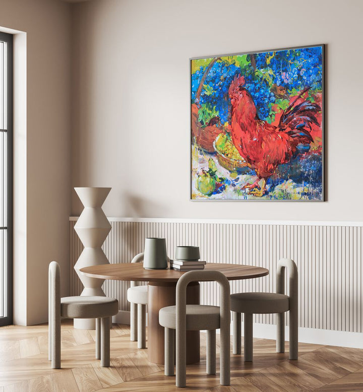 Vibrant ROOSTER, ANIMAL PAINTINGS enhance modern decor, showcasing colorful artistry in a stylish dining space.