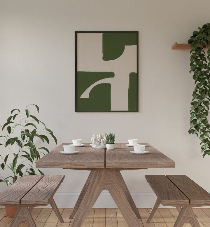 Stylish GREEN BEIGE MODERN, ABSTRACT PAINTINGS enhancing a contemporary dining space with soothing colors.