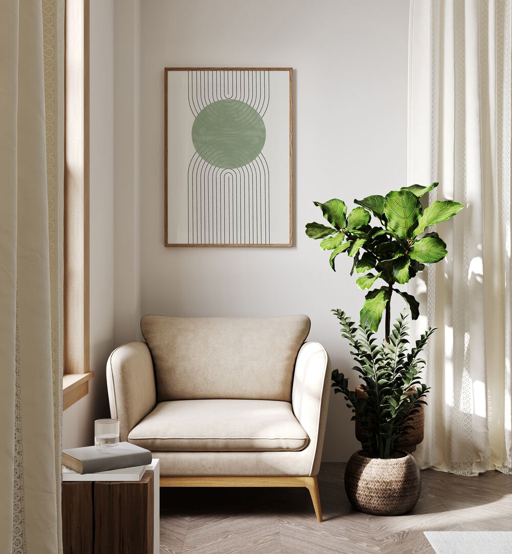 Enhance your decor with GREEN MOON II, GEOMETRIC ART PRINTS by THE MIUUS STUDIO, featuring vibrant colors and intricate design.