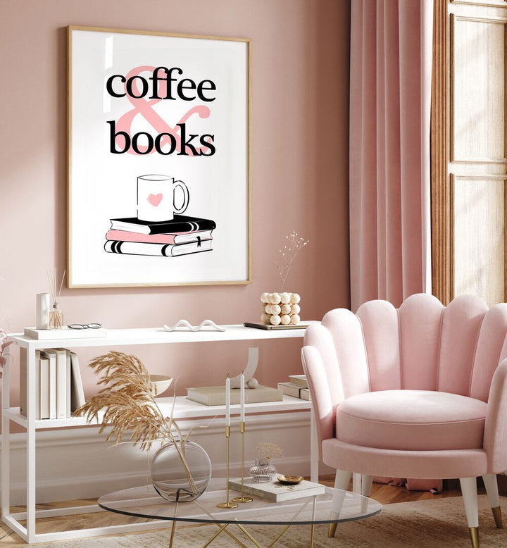 Coffee and Books by Martina Cafe Art Prints  placed on wall near pink sofa