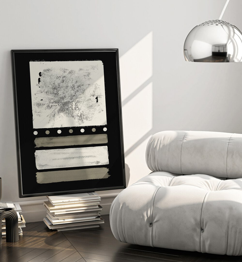 Stylish living room showcasing MIDNIGHT CREAM DELIGHT ABSTRACTION, GEOMETRIC ART PRINTS for modern decor elegance.