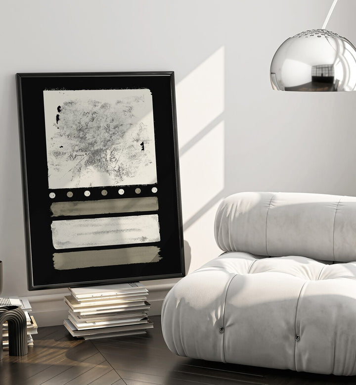 Stylish living room showcasing MIDNIGHT CREAM DELIGHT ABSTRACTION, GEOMETRIC ART PRINTS for modern decor elegance.