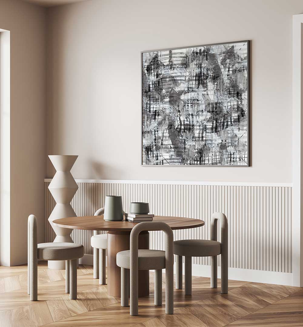 Stylish interior featuring MINIMAL ORGANIC LINES II, ABSTRACT PAINTINGS, enhancing the modern dining space.