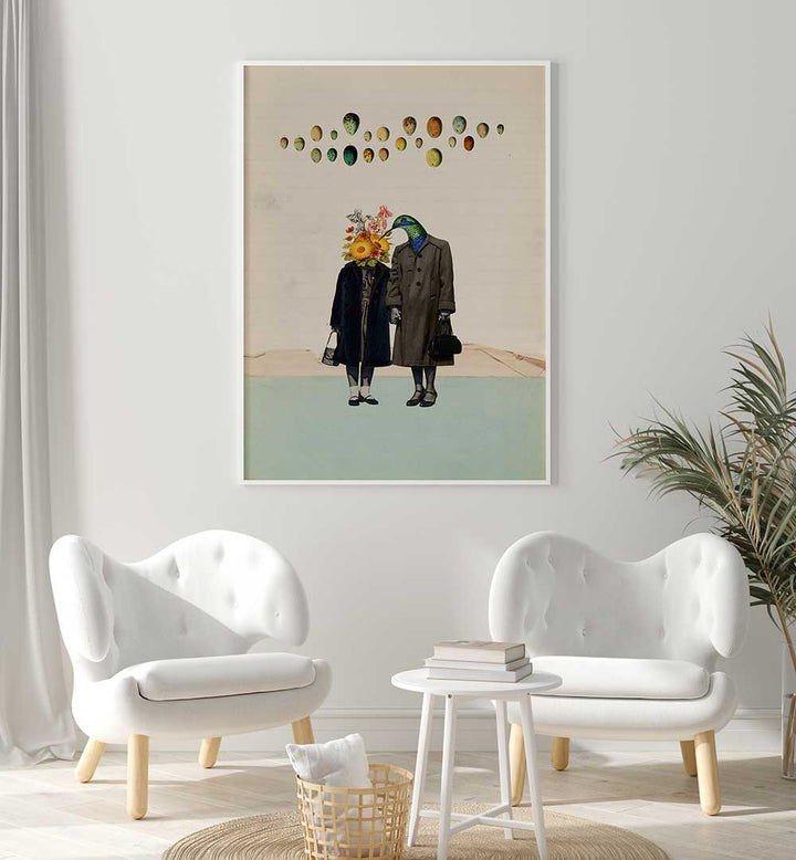 SOULMATE, SURREAL ART PRINTS featuring whimsical figures with unique heads, perfect for modern decor.