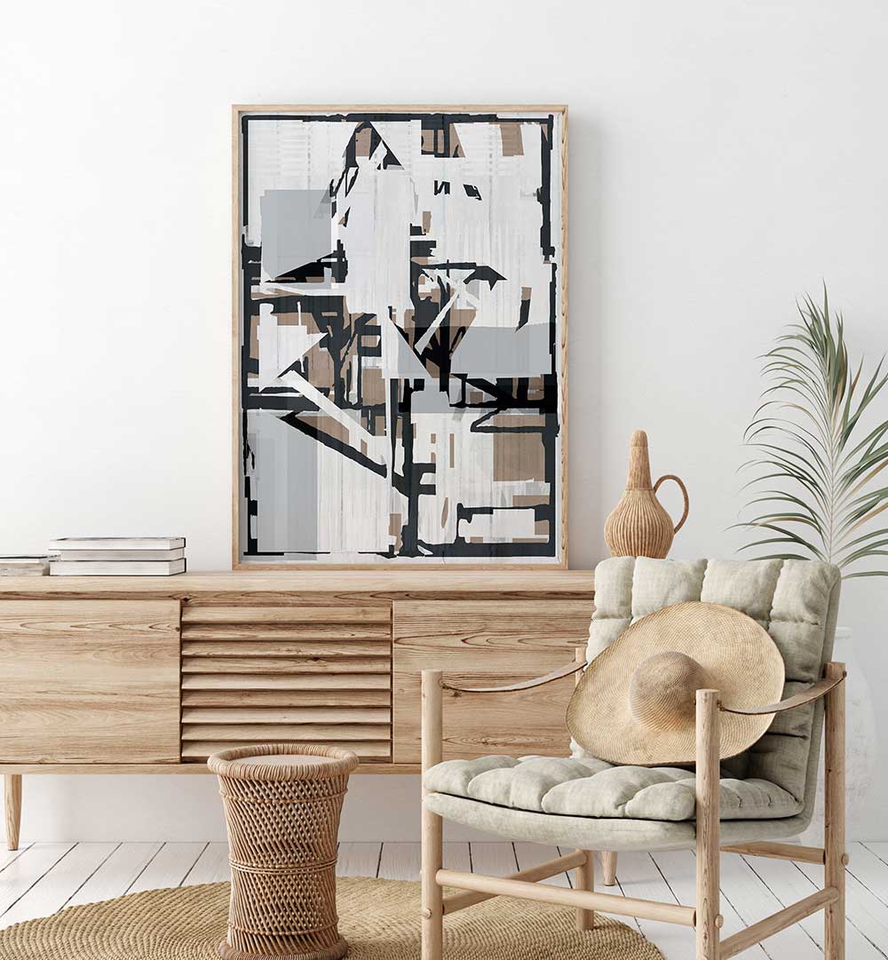 Stylish living room featuring CRACKERJACK II, ABSTRACT PAINTINGS, enhancing the space with vibrant artistic depth.