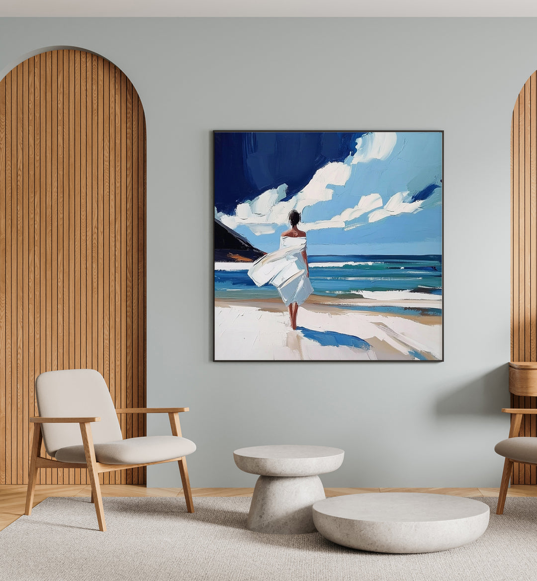 Serene artwork featuring a WOMAN WALKING ON THE BEACH, perfect for adding a coastal vibe to your space.