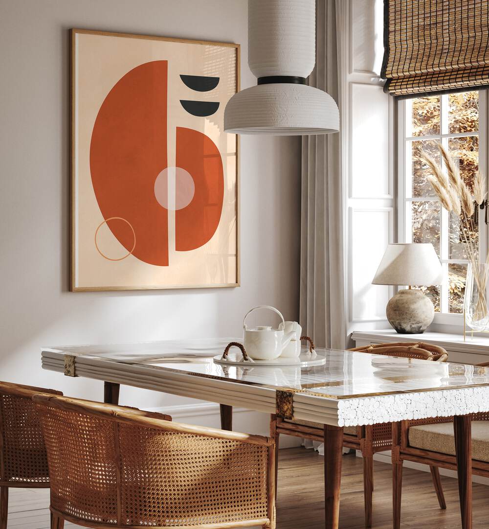 Stylish SEMICIRCLES IV, BOHO ART PAINTINGS brighten a modern dining space with vibrant shapes and colors.