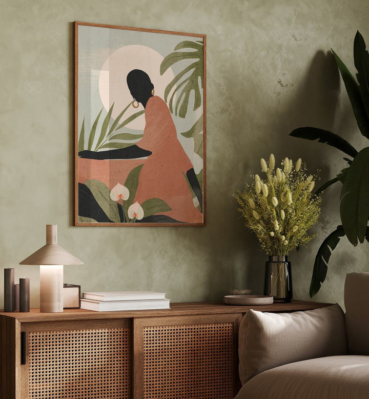 Stunning SERENE SUNLIT SILHOUETTE, BOHO ART PAINTINGS enhancing a cozy living space with vibrant bohemian vibes.