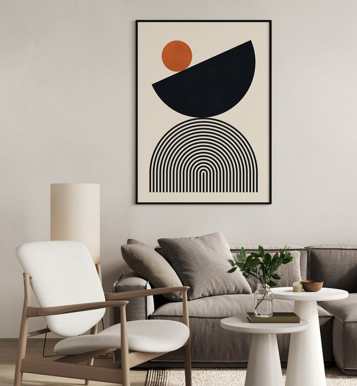 Modern living room featuring LINES AND CIRCLES XXVII, BOHO ART PAINTINGS, blending geometric charm with vibrant colors.