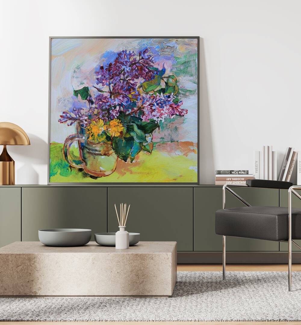 Stunning SMALL LILAC, FLORAL FLOWER PAINTINGS adorn a stylish room, offering elegance and vibrant color.